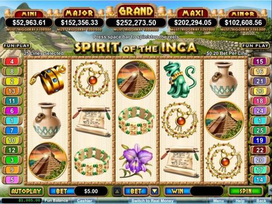 Ancient civilization themed main game board featuring five reels and 25 paylines with a progressive jackpot max payout