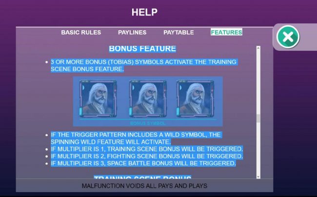 3 or more Tobias bonus symbols activate the training scene bonus feature.