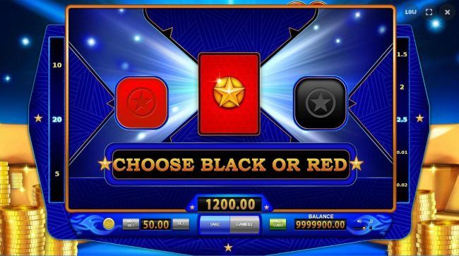 Double Up gamble feature is available after every winning spin. Select the correct color for a chance to double your winnings.
