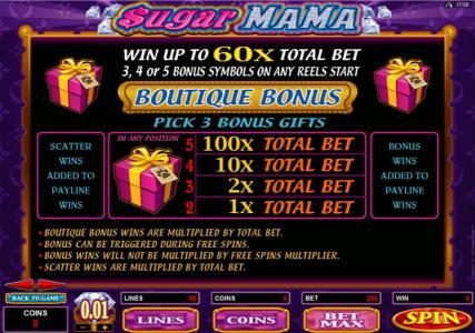 Boutique Bonus - Win up to 60x total bet. 3, 4 or 5 Bonus Symbols on any Reel start Boutique Bonus