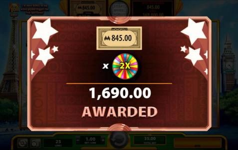 Free Spins prize award is multiplied by the 2x money wheel multiplier for a total win of $1,690.00