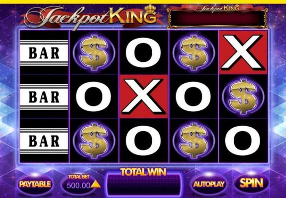 Main game board featuring five reels and 10 paylines with a progressive jackpot max payout