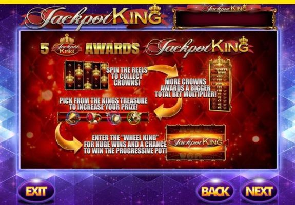 Jackpot King Bonus triggered with 5 jackpot King symbols. Spin the reels to collect crowns! More crowns awards a bigger total multiplier! Pick from the Kings Treasure to increase your prize! Enter the Wheel King for huge wins and a chance to win the progr