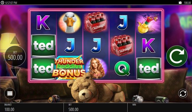 A teddy bear movie themed main game board featuring five reels and 20 paylines with a $250,000 max payout.