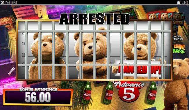 Bonus game play ends when Ted is jailed.