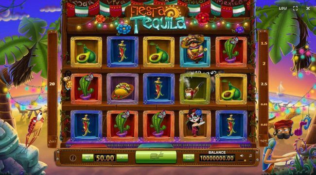 A Mexican fesitval themed main game board featuring five reels and 20 paylines.
