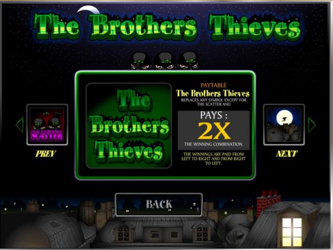 The Brothers Thieves logo is the games wild symbol and replaces any symbol except for scatter and multipliers