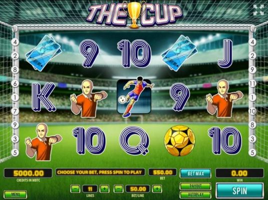 A soccer football themed main game board featuring five reels and 11 paylines with a $250,000 max payout