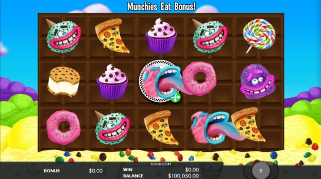 Landing a munchie on the plate will trigger the munchie to eat all of the low value symbols located on either side of it