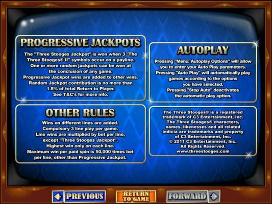 The Three Stooges Jackpot is won when 3 The Three Stooges II logo symbols occur on a payline. One or more of the random Jackpots can be won at the conclusion fo any game. Jackpots are triggered at random. Maximum win per paid spin is 50,000 times bet per
