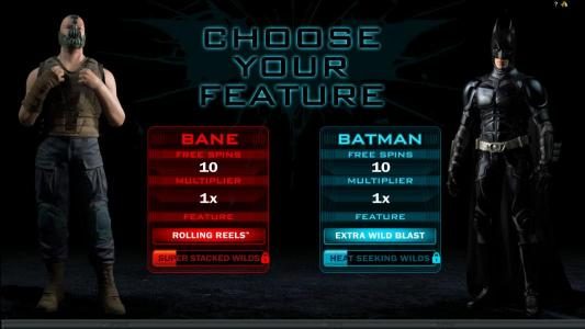 choose your free spin feature Bane or Batman