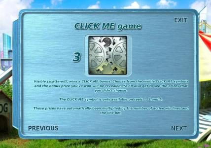 CLICK ME game, 3 CLICK ME symbols visible (scattered), wins a CLICK ME bonus. Choose from the visible CLICK ME symbols and the bonus prize you've won will be revealed.