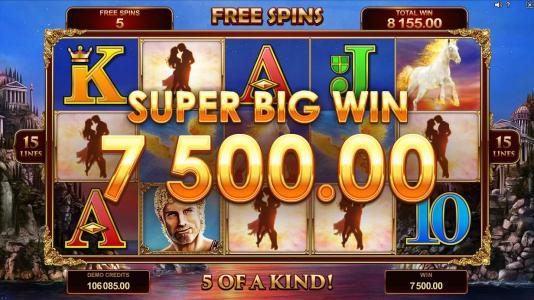 A five of a kind triggered during the Free Spins feature leads to a 7,500 Super Big Win!