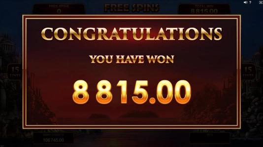 An $8,815.00 super big win is paid out after Free Spins game play ends.