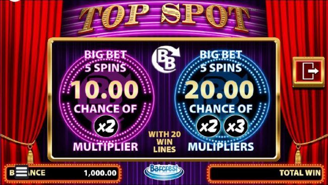 Big Big Feature - Select from two different Big Bet options, 5 spins with a chance of x2 multiplier or 5 spins with a chance of x2 or x3 multiplier.