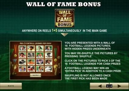 wall of fame bonus anywhere on reels 1 and 5 in the main game triggers bonus feature