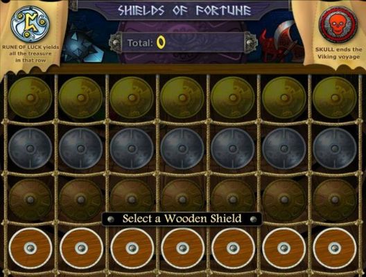 Shields of Fortune Bonus game board - Select a wooden shield to reveal a prize.