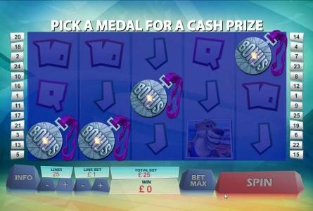 win a medal bonus round triggered by 4 bonus symbols - pick a medal for a cash prize