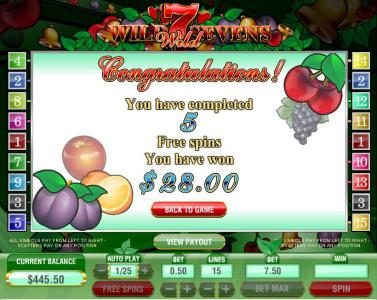 you have completed 5 free spins and won $28
