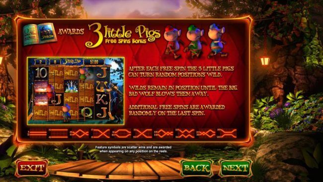 # Little Pigs Free Spins Bonus - After each free spin the 3 little pigs can turn random positions wild. Wilds remain in position until the big bad wolf blows them away. Additional free spins are awarded randomly on last spin.