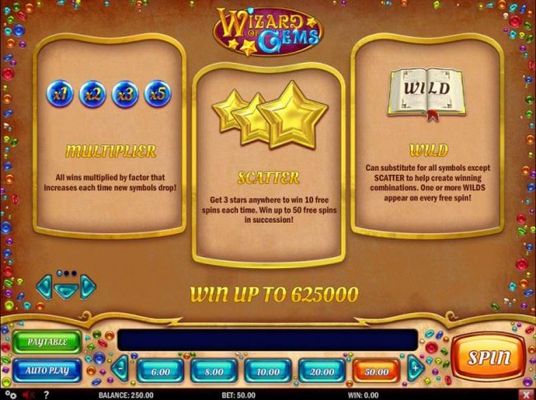 All wins are multiplied by factor that increases each time new symbols drop! Get three star scatter symbols anywhere to win 10 free spins each time. Win up to 50 free spins in succession! Wild substitutes for all symbols except scatter.