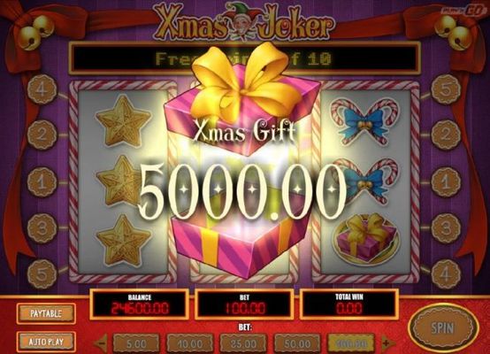 Xmas gift triggers a 5,000.00 big win during the free spins feature.