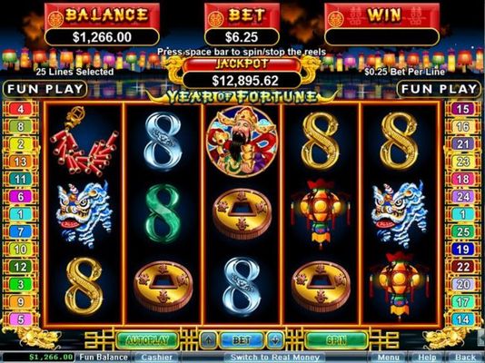 A Chinese New Year themed main game board featuring five reels and 25 paylines with a 88,888 times bet per line.