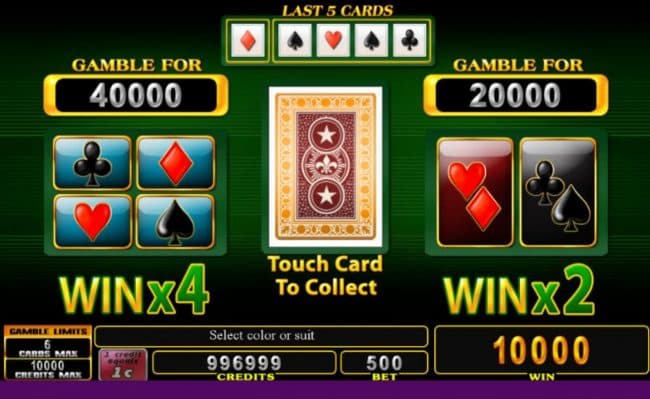 Gamble Feature - To gamble any win press Gamble then select Red or Black or Suit