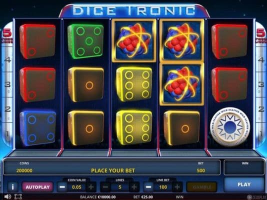 Main game board featuring five reels and 5 paylines with a $125,000 max payout.