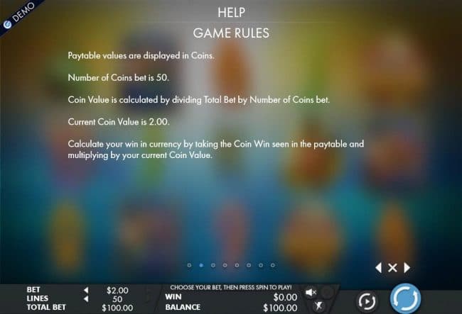 Paytable values are displayed in coins. Number of coins bet is 50.