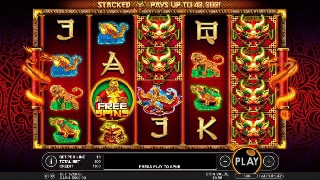 Main game board featuring five reels and 50 paylines with a $40,000 max payout
