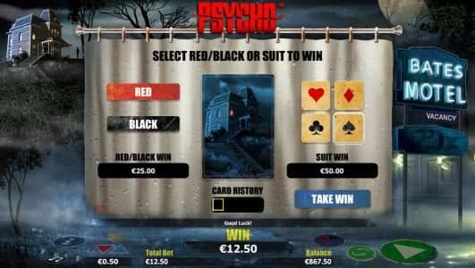 Gamble feature is available after each winning spin. Select color or suit to play.