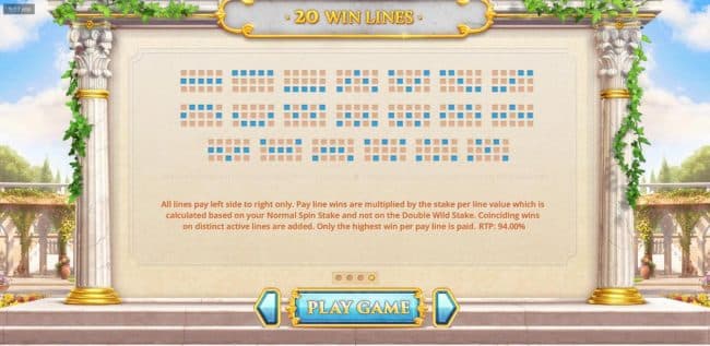 Payline Diagrams 1-20. The Return To Player (RTP) is 94.00%