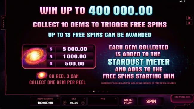 Win up to 400,000.00! Collect 10 gems to trigger free spins. Up to 13 free spins can be awarded. Galaxy symbol paytable - a five of a kind pays 5,000.00 - Galaxy symbol on reel 3 can collect one gem per reel. Each gem collected is added to the Stardust me