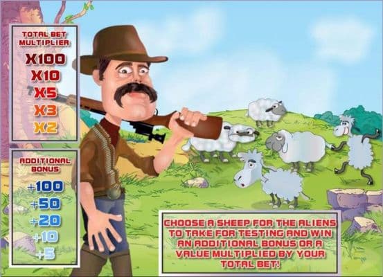 Bonus Feature Game Board - Choose a sheep for the aliens to take for testing and win a prize.