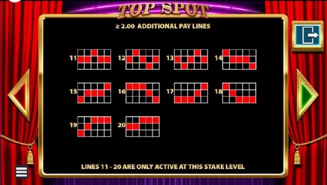 Payline Diagrams 11-20 - Lines 11-20 are only active at this stake level, 2.00 or greater.