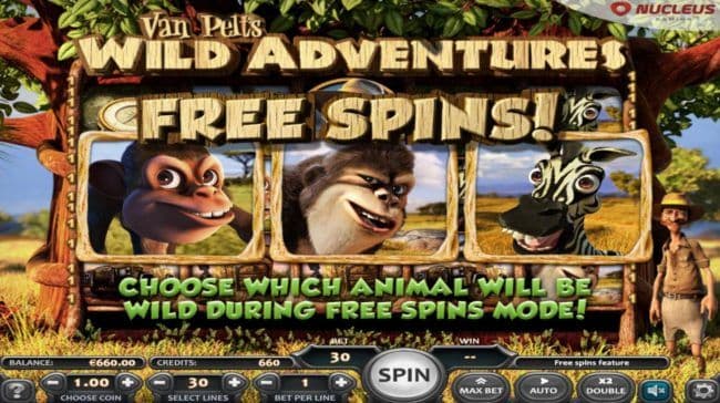 Free Spins feature triggered, choose which animal will be wild during free spins mode