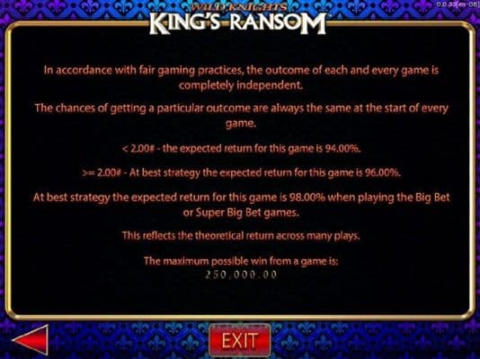 Payback Information - Theoretical return To Player is from 94.00% to 98.00%. The maximum win on any transaction is capped at 250,000.