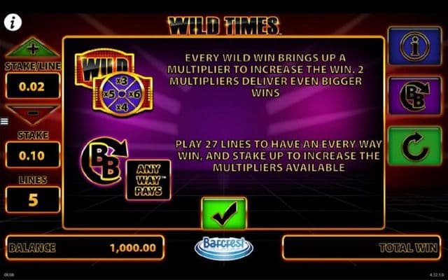 Every Wild win brings up a multiplier to increase the win. 2 multipliers deliver even bigger wins. Play 27 lines to have an every way win, and stake up to increase the multipliers available.