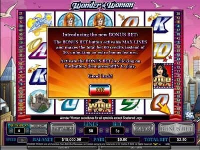 introducing the bonus bet: the bonus bet button activates the max lines and makes the total bet 60 credits instead of 50, unlocking an bonus feature.