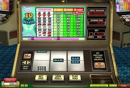 Main game board featuring three reels and a single payline with a $32,000 max payout