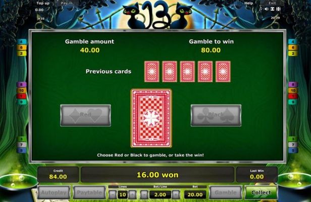 Gamble Feature - To gamble any win press Gamble then select Red or Black.