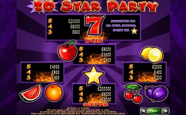 Slot game symbols paytable.