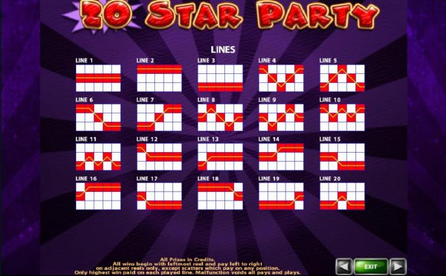 Payline Diagrams 1-20. All wins begin with the leftmost reel and pay left to right on adjacent reels only, except scatters which pay on any position.