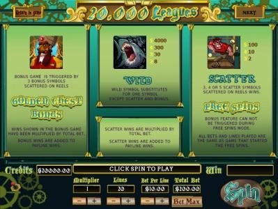 Golden Chest Bonus Game is triggered by three bonus symbols scattered on reels. Wild Symbol substitutes for one symbol except scatter and bonus. 3, 4 or 5 scatter symbols scattered on reels wins Free Spins.