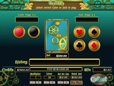 Gamble feature is available after each winning spin. Select color or suit to play.