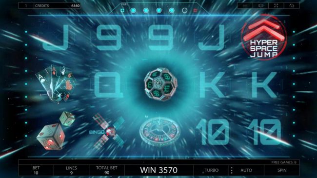 Hyper Space Jump symbol  in action. Players fuel level will be reduced by 1 level when the Hyper Space Jump symbol appears on reel 5.