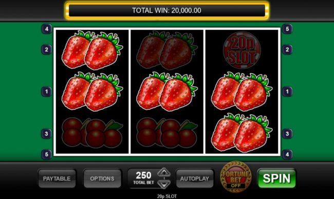 A pair of winning strawberry paylines triggers a 20000 mega win