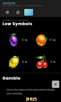 Low Value Symbols Paytable