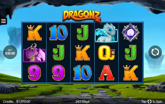 A dragon themed main game board featuring five reels and 243 winning combinations with a $2,150,000 max payout